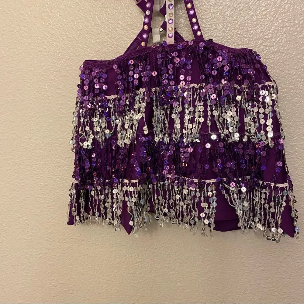 Glamour dance costume purple sequin gems rhinestone fringe embellished child M/L